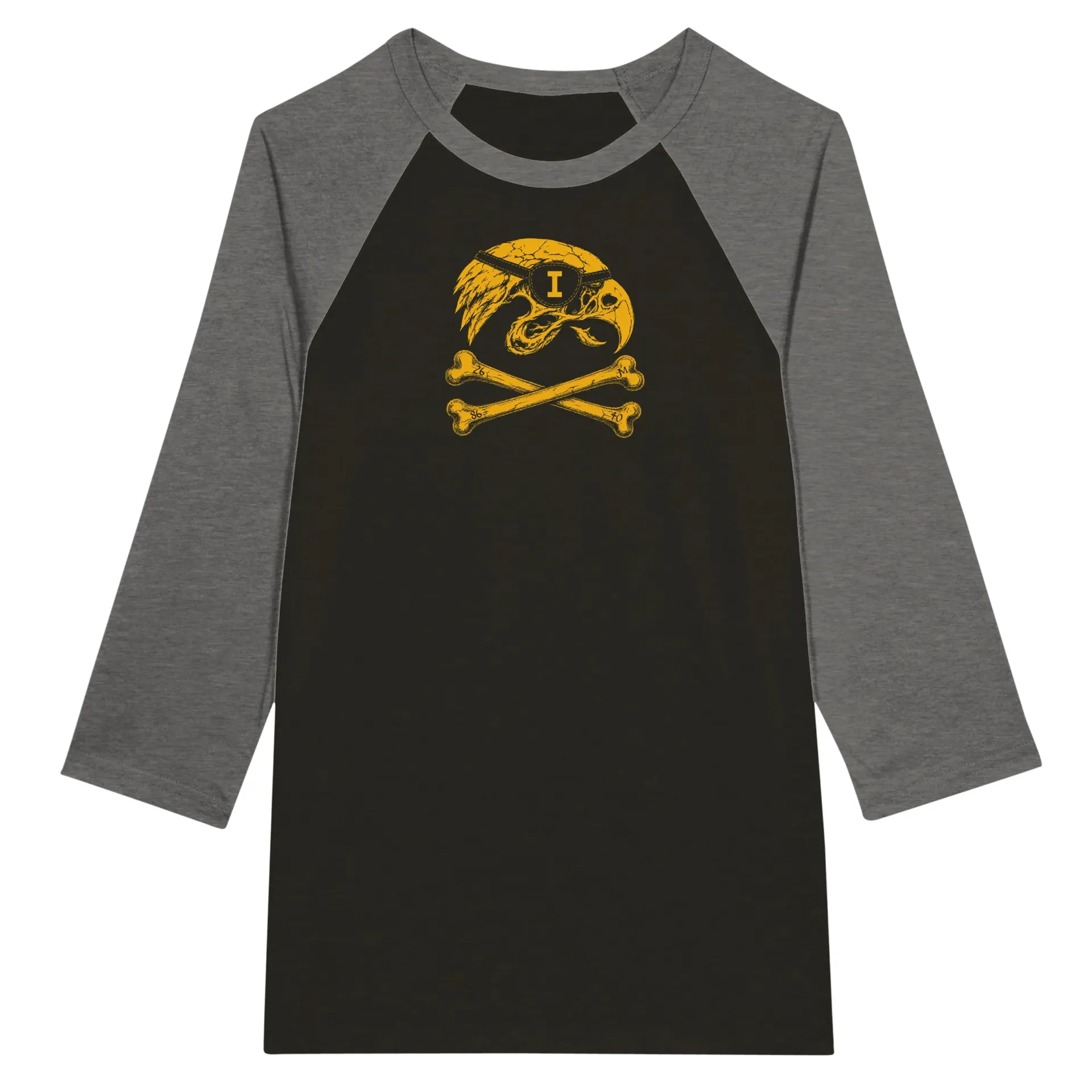 Pirate Raptor Doom Skull - Unisex 3/4 sleeve Raglan T-shirt - Gold on Black