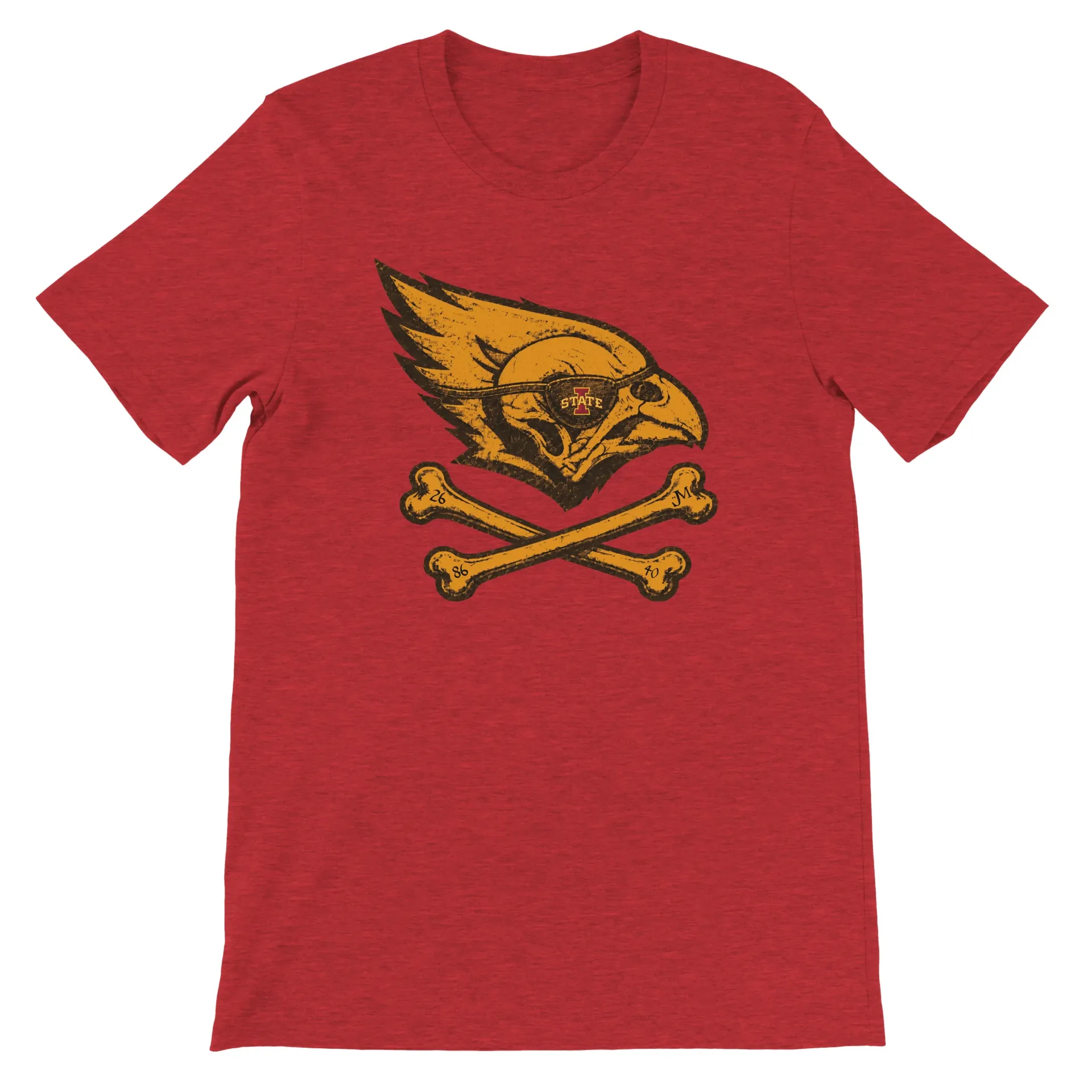 Pirate Baby Raptor Doom Skull - Unisex Crewneck T-shirt - Gold on Red